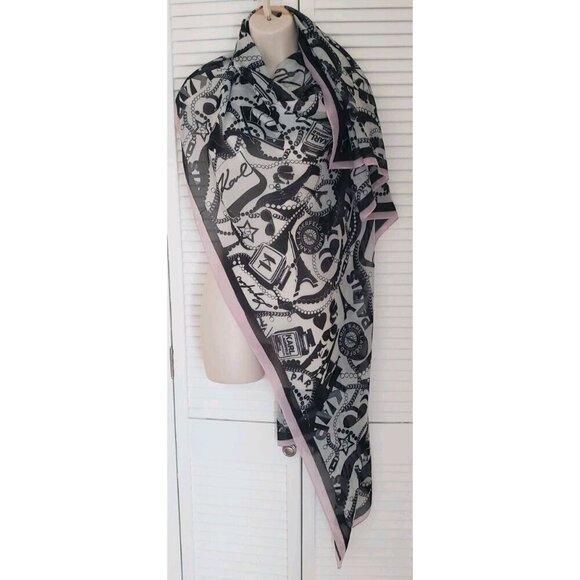 NWT KARL LAGERFELD PARIS ICON MONOGRAM PRINT BLACK GREY SCARF WRAP 35×72 - Picture 2 of 6
